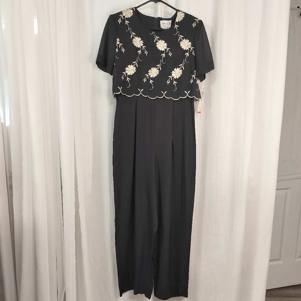 Vintage NWT Black Jumpsuit with Cream Floral Embroidery Size 8 Formal Wide Leg